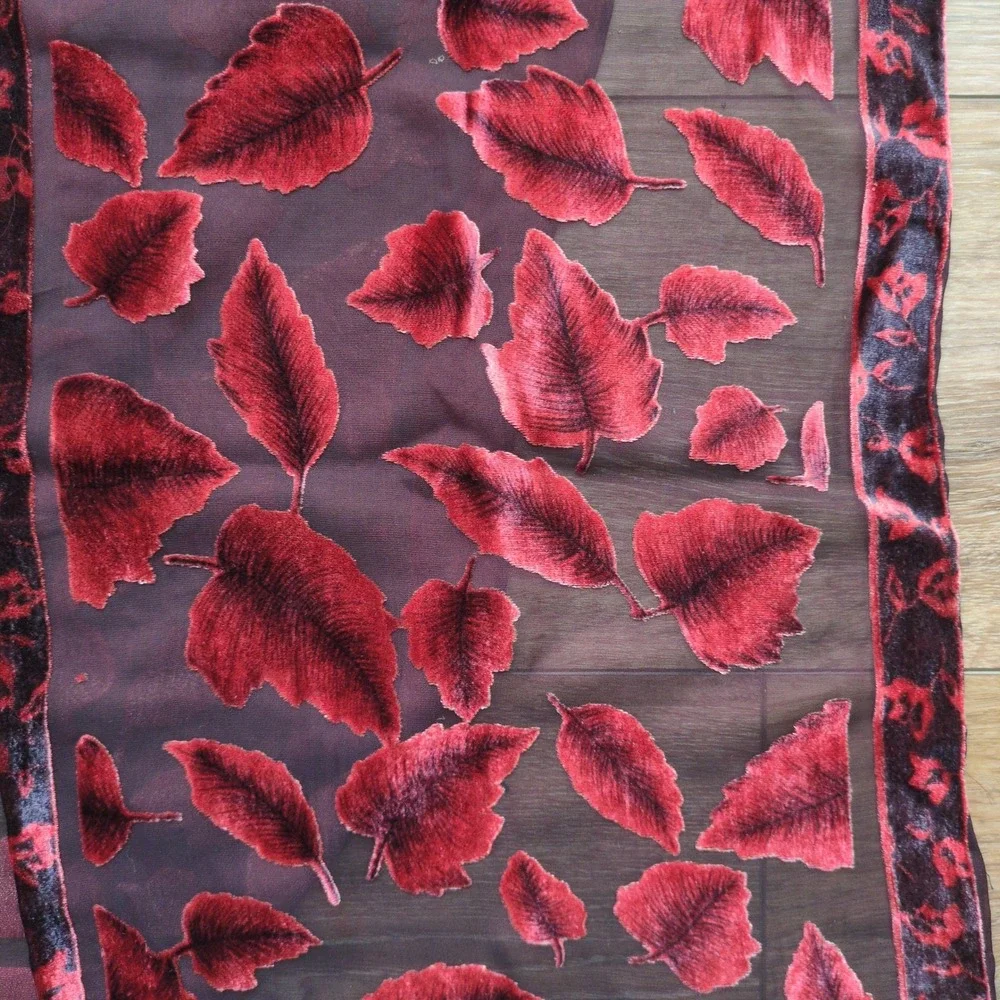 Silk Blend Velvet Burnout Scarf Red Burgundy Black Leaf Print Whimsigoth Fairy